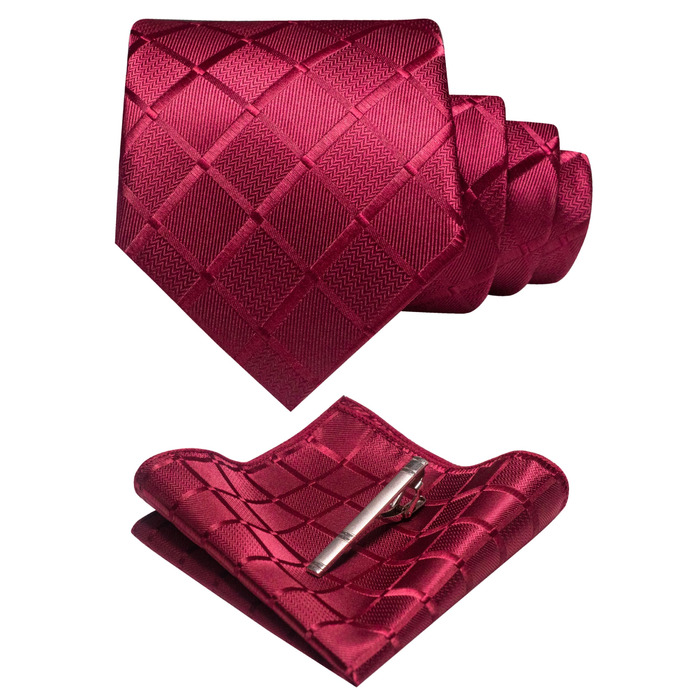 Чоловіча краватка в клітку JEMYGINS для весілля, хустка та зажим для краватки, однотонна (Бордовий)