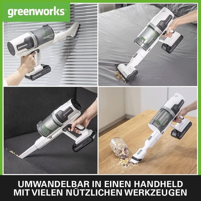 Бездротовий акумуляторний пилосос Greenworks GD24SV 5-в-1, 500W, Hepa-фільтр, насадка для шерсті тварин, 45 хвилин роботи, 3 режими, без акумулятора та зарядки