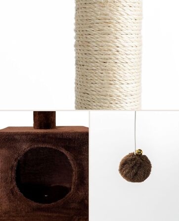 Lionto Scratching Post for Cats with Cave and Plush Ball incl. Bell, Height 85 cm, Cat Tree with Sisal & Plush, Cozy Lying Areas & Cave, Suitable for Small & Large Cats, (Brown (with nameplate))