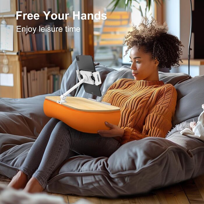 Підставка-подушка Beanbag для планшета та смартфона з регульованим тримачем, універсальний м'який чохол для читання в ліжку та на дивані (4,7–13 дюймів), Сірий/Помаранчевий