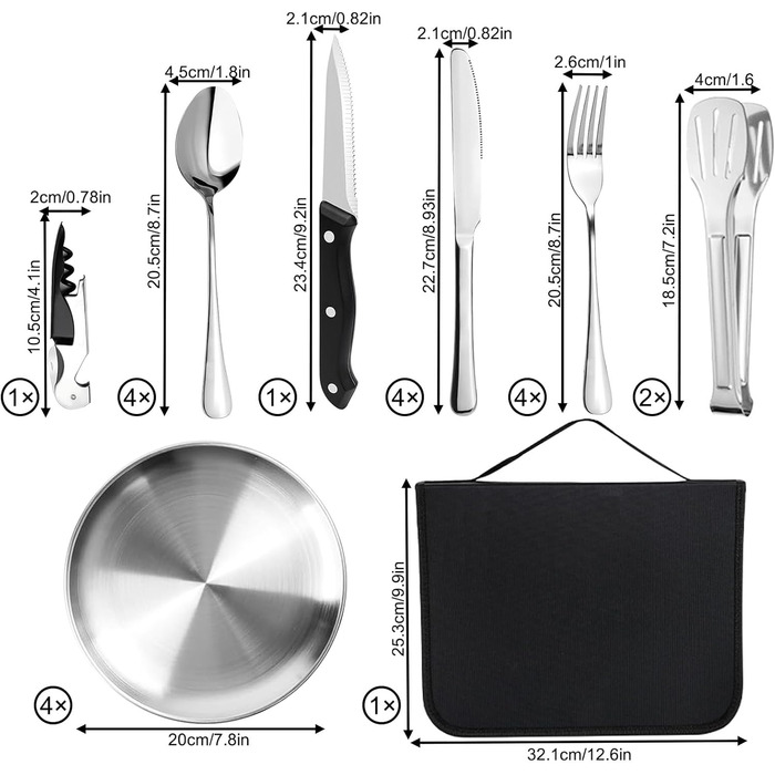 Набір посуду для кемпінгу MOMAHUA на 2 особи (10 шт.): нержавіюча сталь, для пікніків та подорожей, з сумкою для багаторазового використання. Срібний набір посуду на 4 особи