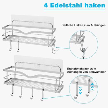Підставка для душу з нержавіючої сталі без свердління (2 шт.): полиця для шампуню, мила, гелю для душу, органайзер для ванної кімнати, кухні, срібна