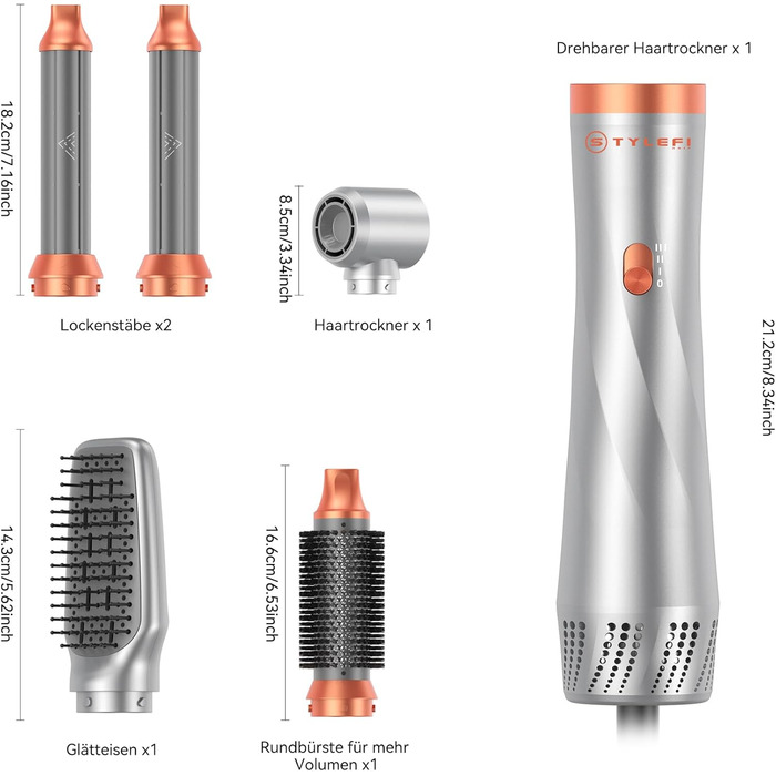 Фен-щітка Air Styler 5-в-1: стайлер, локони, об'єм, сушка, випрямлення. Потужність 800W, для жінок, помаранчевий колір