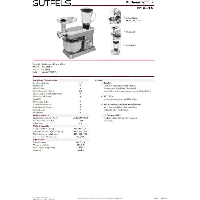 Кухонна машина GUTFELS KM 8102 roi | 1200 Вт | 10 швидкостей | 5 л чаша | Насадки: вінчик, гак для тіста, гак для збивання | Червона