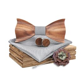 Набір краваток Mr.Van Holzfliege з дерева: краватка, запонки, брош, нагрудна хустинка (срібло)