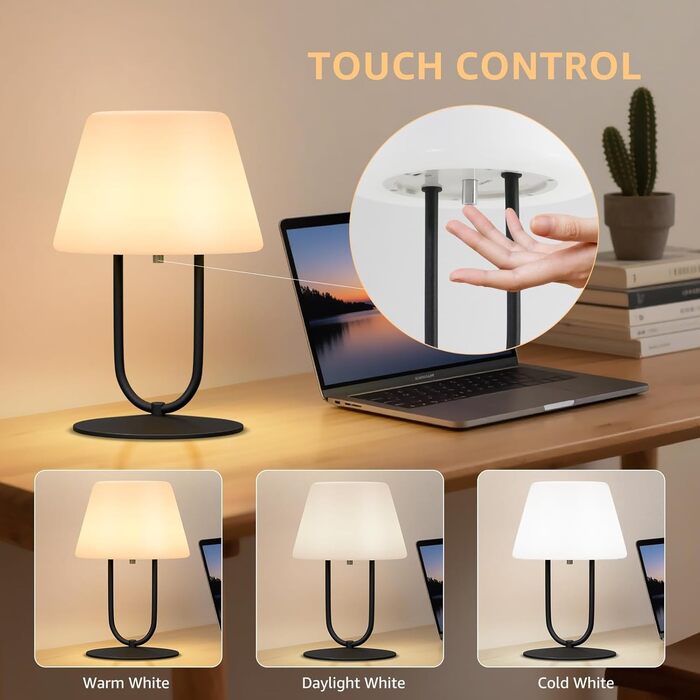 MALUX Акумуляторна настільна лампа LED, водонепроникна IP44, портативна, з димуванням та USB-C зарядкою (Конус)