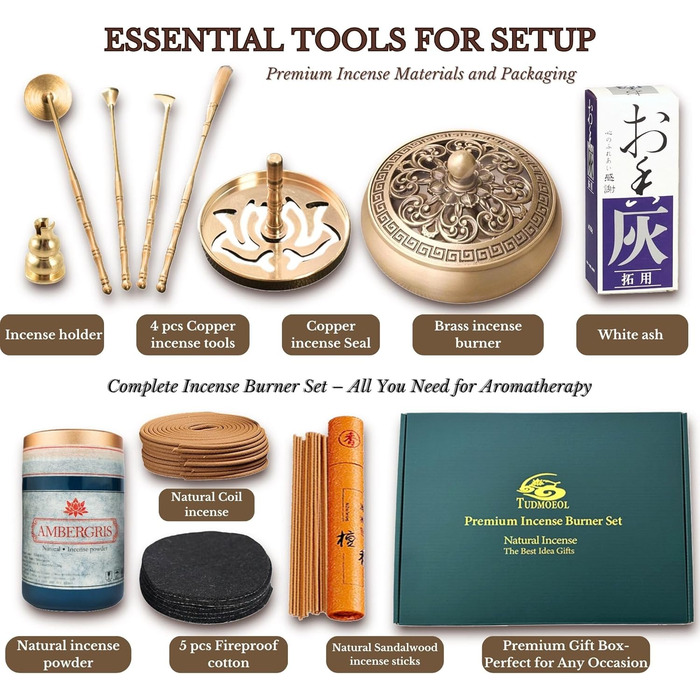 Copper Incense Burner and 16-Piece Tool Kit for Making Backflow Incense Cones - Perfect for Yoga, Meditation. Includes Censer Mold Tools, Burner, and Accessories.