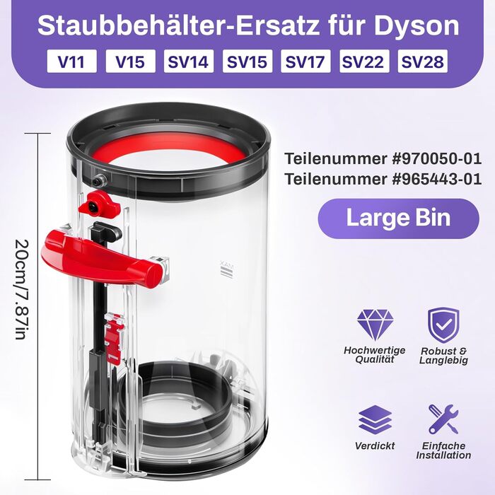 Покращений контейнер для пилу Dyson V11, V15, Zubehör, сумісний з моделями SV14, SV15, SV17, SV22, SV28. Замінні частини: контейнер для пилу + фільтр (970050-01/965443-01)
