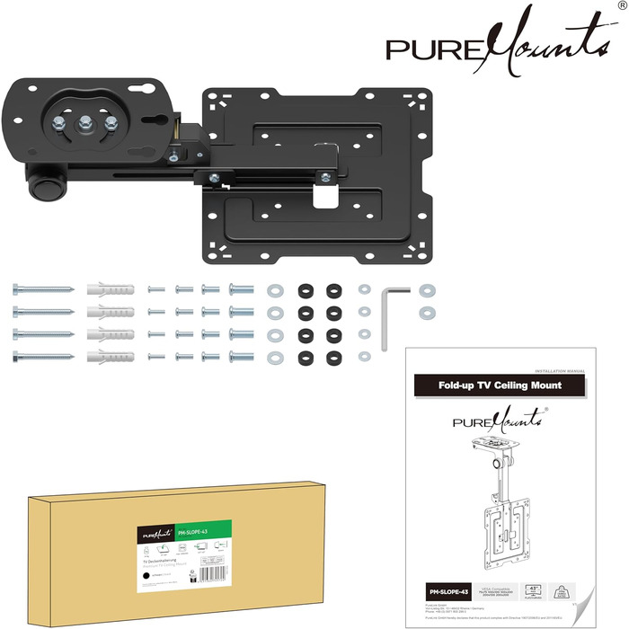 Кріплення для телевізора на стелю PureMounts, 13-27 дюймів, поворотне, нахильне, регульоване по висоті, VESA 100x100, чорне