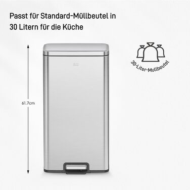 Відро для сміття EKO Madison 30л з м'яким закриттям кришки, нержавіюча сталь, знімний внутрішній відерце, стійке до відбитків пальців, з 20 мішками для сміття 30л