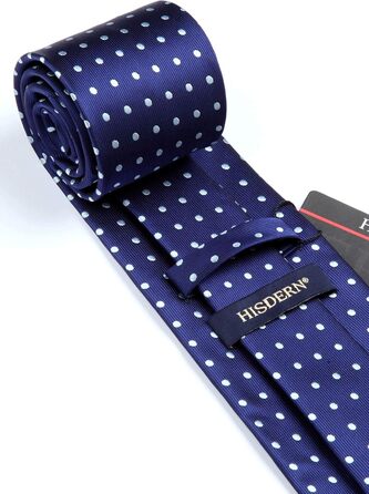 HISDERN Комплект краватки та нагрудного хустинки для весілля: синій горошок, довга краватка, класичний стиль, для чоловіків, бізнес, преміум якість