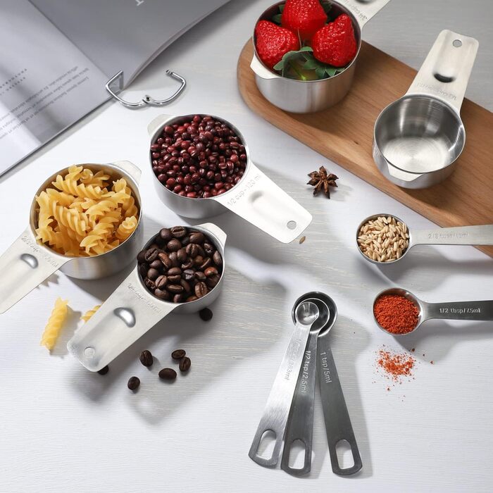 Stainless Steel Measuring Cups & Spoons 14-Piece Set Kitchen Accessories, Measuring Cups & Measures, Includes 7 Nesting Metal Measuring Cups and 7 Measuring Spoons for Baking & Cooking