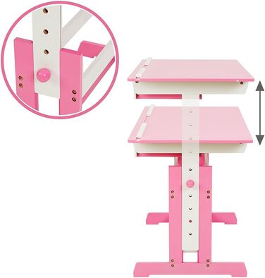 tectake® Adjustable Height Kids Desk with Tilting Tabletop & Storage Drawer - Pink | 400926