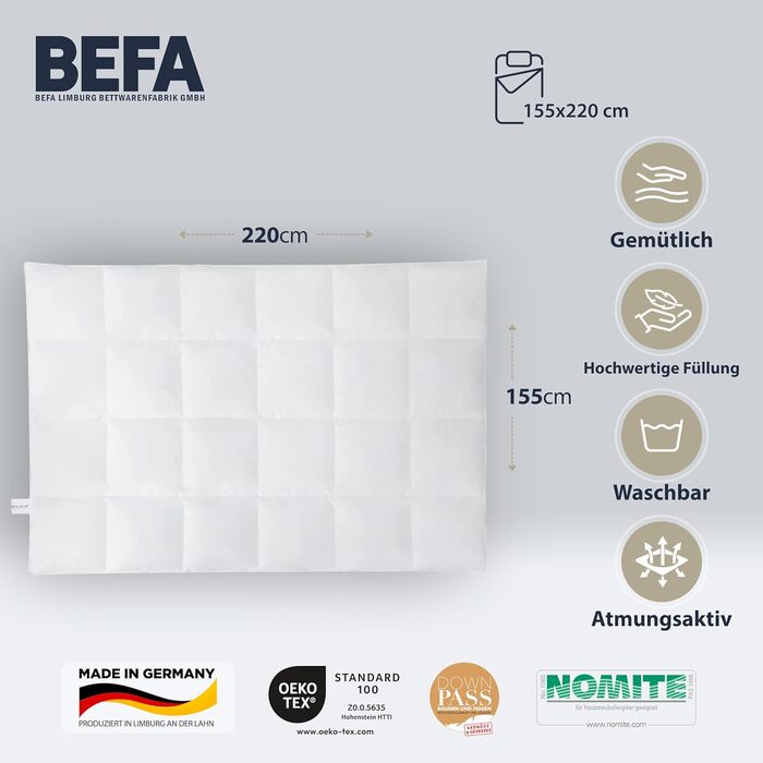 Ковдра BEFA NATUR 155x220 см, 60% пух, 40% перо, всесезонна, для алергіків, сертифікат OEKO-TEX, Made in Germany (2 шт)