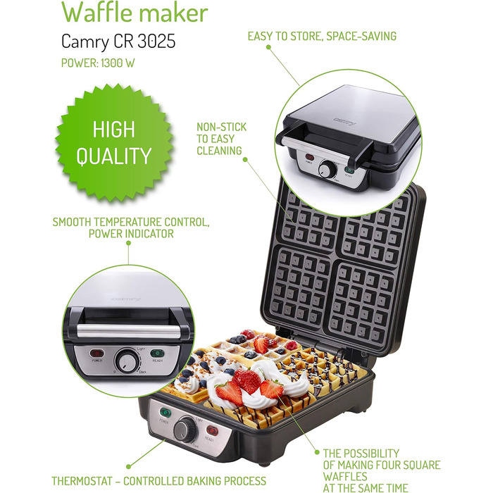 Adler Camry 4-Waffle Maker - 1500W Power, Adjustable Temperature, Black & Silver
