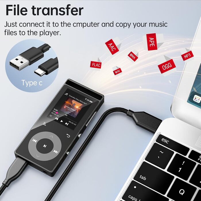 MP3-плеєр з Bluetooth 5.3 та HiFi-звуком, 90 ГБ, сенсорні кнопки, кольоровий дисплей, металевий корпус, FM-радіо, підтримка e-books, розширювальна пам'ять до 128 ГБ, чорний