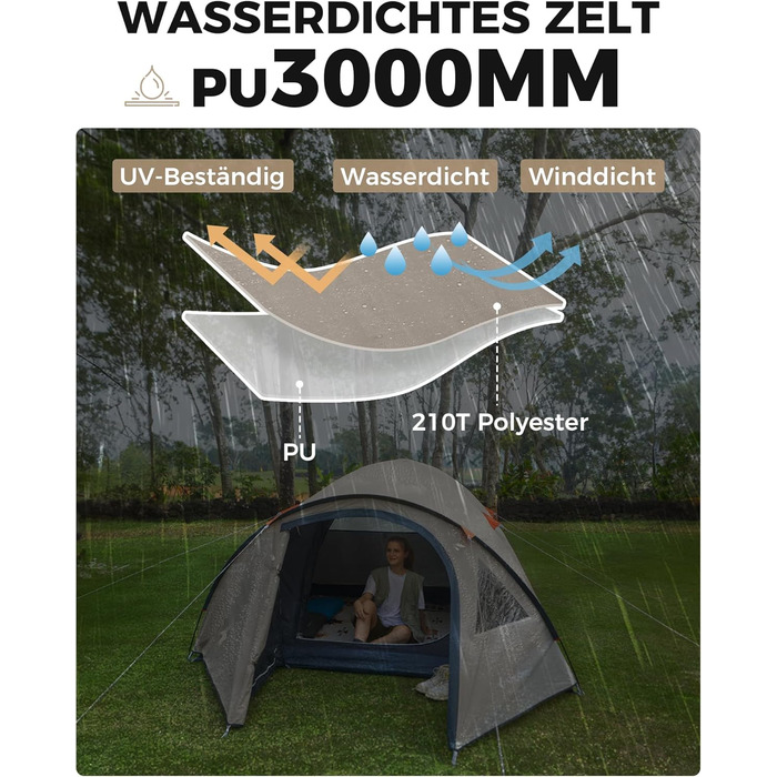 Намет KingCamp для 4 осіб з тамбуром, водонепроникний 3000 мм, бежевий - кемпінговий намет-купол для відпочинку на природі