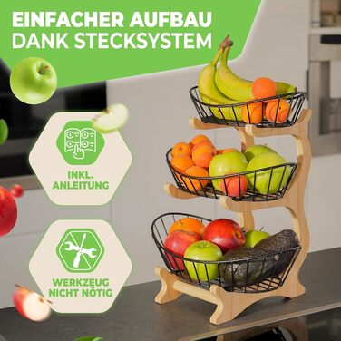 Дерев'яна етажерка для фруктів на 3 ярусах, чорна - фруктова корзина, підставка для фруктів, органайзер для кухні