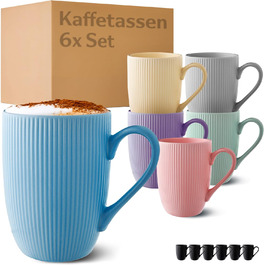 Set of 6 Coffee Mugs - Modern, Colorful, Pastel Colors - Unique Stripe Pattern - Matte Ceramic - Microwave Safe - Dishwasher Safe & Comfortable Handle