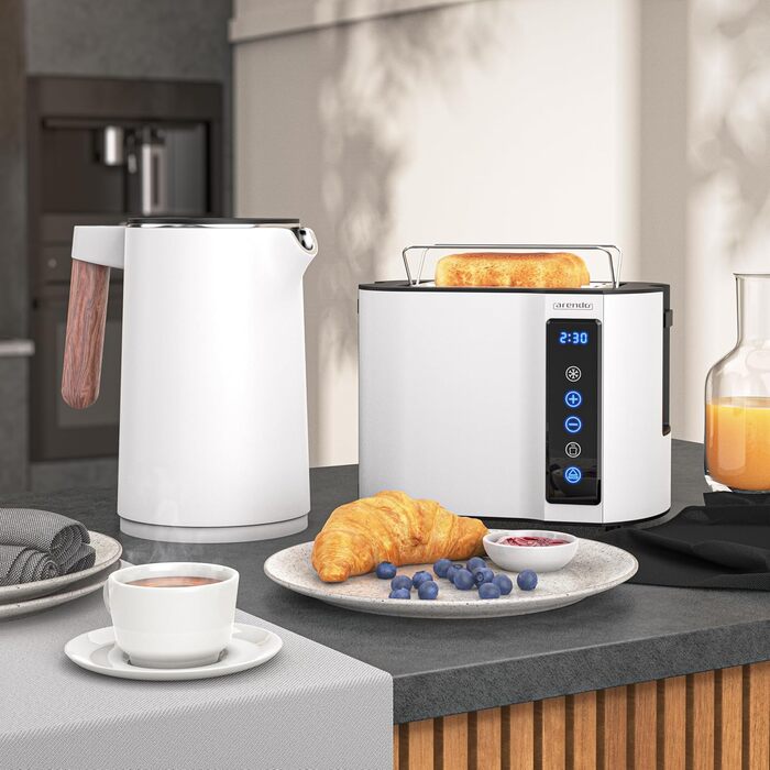 Набір Arendo: Електричний чайник з регулюванням температури та тостер на 4 скибочки з підігрівом - нержавіюча сталь, білий матовий