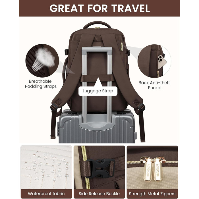 LOVEVOOK Рюкзак для ручної поклажі, 40L, рюкзак для жінок, водонепроникний, відділення для ноутбука 17 дюймів, для подорожей, роботи, хайкінгу, оливково-зелений/бежевий