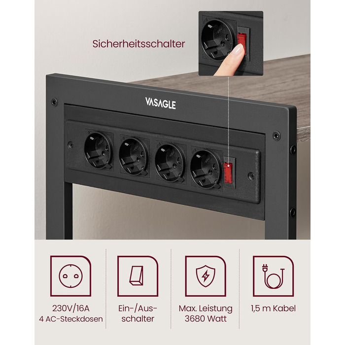 Стелаж кухонний VASAGLE з розетками, 2 металеві кошики, гачки, полиці, 35 x 80 x 93,5 см, індустріальний дизайн, vintagebrown-tintenschwarz