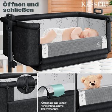 KESSER® Hubi 3in1 Delivery Bed, Baby Bedside Bed, Travel Bed, Baby Bed with Soft Mattress, Mobile Bed with Wheels, 5-Level Height Adjustment, Foldable Side Rail for Home and On the Go, Beige