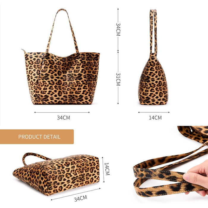 Сумка жіноча KALIDI шопер велика зі шкірозамінника (PU) з блискавкою для роботи, покупок, школи - Леопард