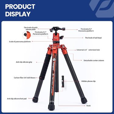Штатив Fotopro X-Aircross 3 з вуглецевого волокна, 152 см, 360° поворотний кріплення, 0.94 кг, для DSLR, з сумкою, максимальне навантаження 10 кг, помаранчевий