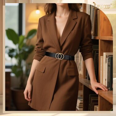 Жіночий шкіряний ремінь JasGood з подвійною кільцевою пряжкою для джинсів, штанів, суконь - чорний, XS (100 см, об'єм талії 65-75 см)