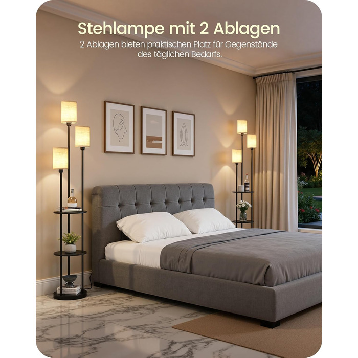 Стельова лампа для вітальні з поличкою, 3-хламкова лампа на ніжці з полицею Vintage, Бохо підлогова лампа з дерева з вимикачем на ніжці, патрон E27, ретро-дизайн, рустикальний коричнево-бежевий колір ZEF53LDD05 (Бежевий, Чорний)