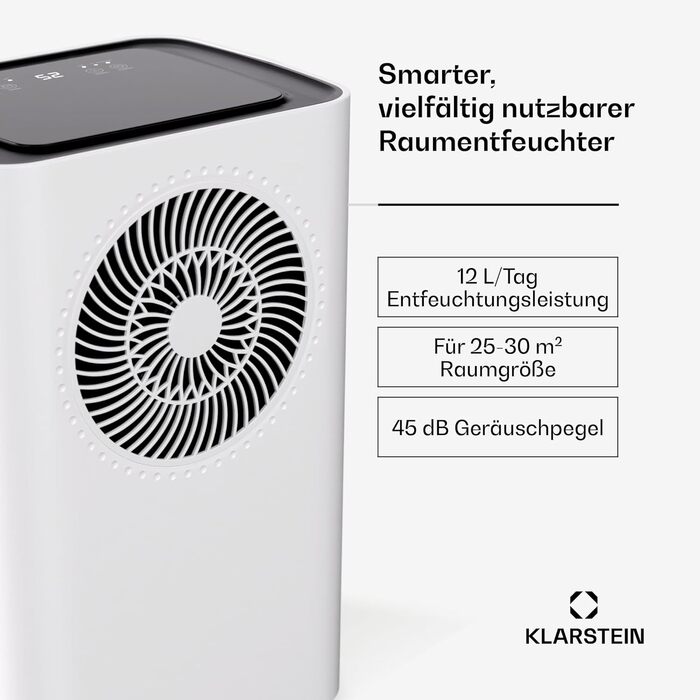 Зволожувач повітря Klarstein CircleDry 12L Smart з Wi-Fi, тихий (38dB), таймер 24г, безперервна злив, контроль вологості, для приміщень до 24м², білий