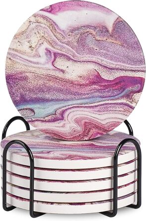 Guruji Divinity Absorbent Ceramic Stone Coasters, Set of 6, with Cork Bottom, Fun Drink Coasters with Holder for Cold Drinks, Wine Glasses and Cups, Table Protection, 4 inches (purple)