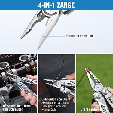 FLISSA 19-in-1 Multifunction Pliers - Multitool with Glass Breaker & Fire Starter - Stainless Steel Camping & Repair Tool with Carrying Case