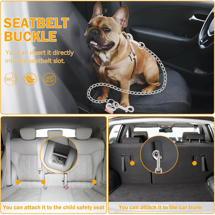 Нашийник для собак з ланцюгом, 53 см, автомобільний ремінь безпеки для собак, нержавіюча сталь 304, нашийник для собак, безпечний для маленьких/великих собак, котів