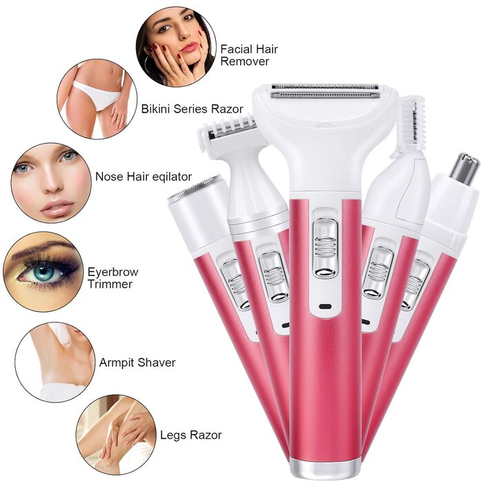 Електричний жіночий бритва ACWOO 5-в-1: для обличчя, носа, під пахвами, в зоні бікіні. USB-зарядка, червоний