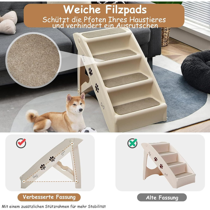 Сходинка для тварин GYMAX з 4 сходинками, розкладні сходи для собак і котів з антиковзкими підкладками, 4 килимки та трикутна структура (Бежевий)