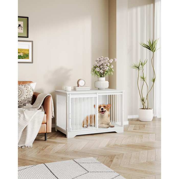 Клітка для собак Hzuaneri, 100 см, з розсувними дверима, дерев'яна, для дому, 100 x 60 x 68 см, білий колір