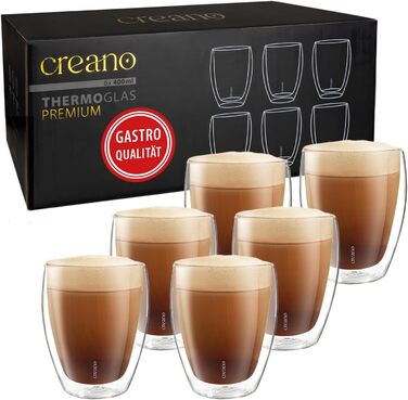 Creano PREMIUM double-walled drinking glasses 400ml - Set of 6 - Restaurant quality - 100% dishwasher safe - NEW 2024 - double-walled glasses - Latte glasses - Cappuccino cups