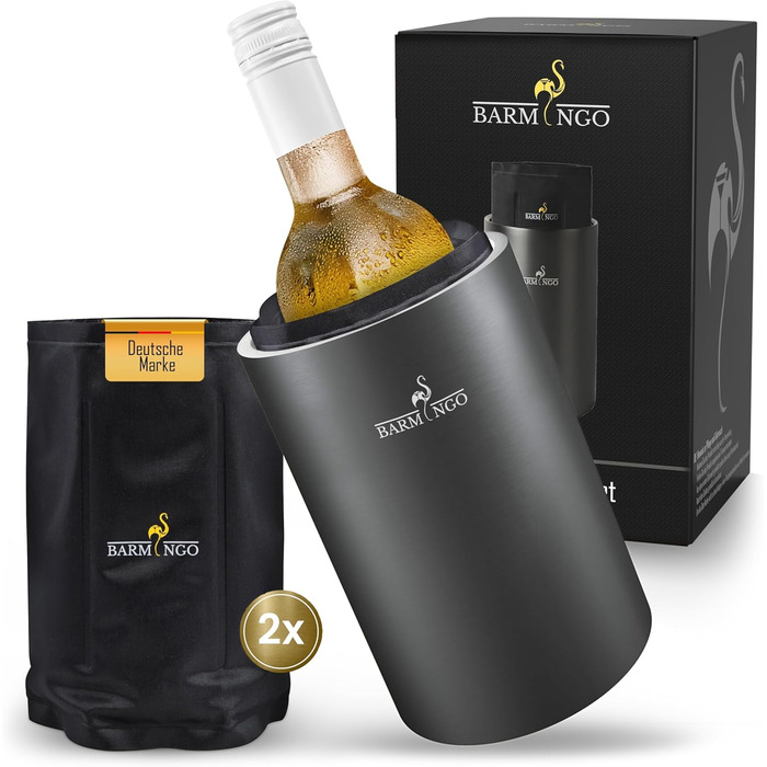 Охолоджувач для вина BARMINGO з нержавіючої сталі з 2 охолоджувальними акумуляторами – охолоджувач напоїв та охолоджувач пляшок для вина, шампанського, ігристого вина | Подвійний сектанкулер з охолоджувальними манжетами | Охолоджувач для винних пляшок | (