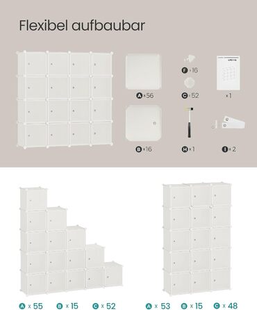 SONGMICS Regal System, Shoe Rack, Set of 16 Cubes, Plastic Closet Organizer with Doors, Modular Shelf, Storage for Clothes, Shoes, and Books, Easy Assembly, LPC443G01 (16 Cubes (123B x 123H cm), Cream White)