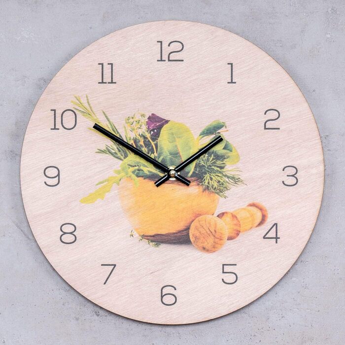 Levandeo Wall Clock, 30x30cm, Clock as Image, Kitchen, Herbs, Spices, Cooking, Decoration (Wood, Round)