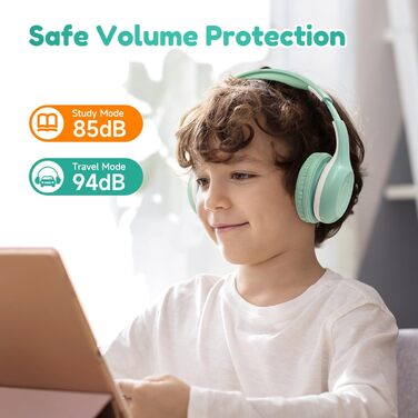 Бездротові навушники EarFun для дітей з Bluetooth, регулюванням гучності 85/94dB, HiFi звук, HD-мікрофон, 40 годин роботи акумулятора, складні, регульовані, для школи/подорожей/ПК, зелені