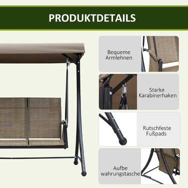 Outsunny Hollywood Swing with Side Pocket, 3-Seater Garden Swing with Adjustable Sunshade, Swing Bench Load Capacity up to 300kg, for Garden, Terrace, 196 x 128 x 172 cm, Brown | Aosom