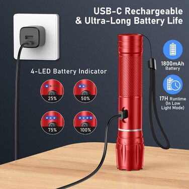 LED ліхтарик Blukar з регулюванням температури світла, 2000 люмен, зум, 10 режимів, вологостійкий, для кемпінгу та активного відпочинку (червоний)