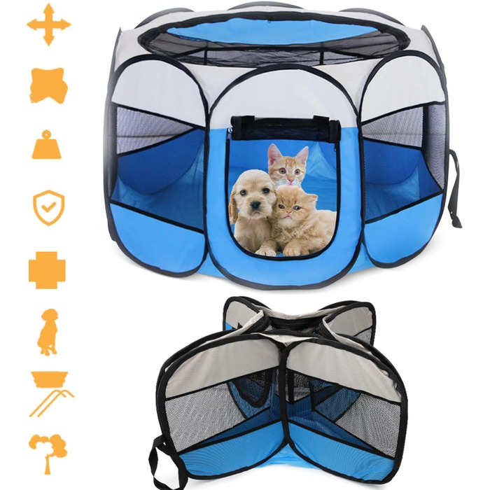 Складаний вольєр для цуценят та тварин, вольєр для собак, 74x74x43 см, вольєр для котів, кроликів та дрібних тварин (блакитний)