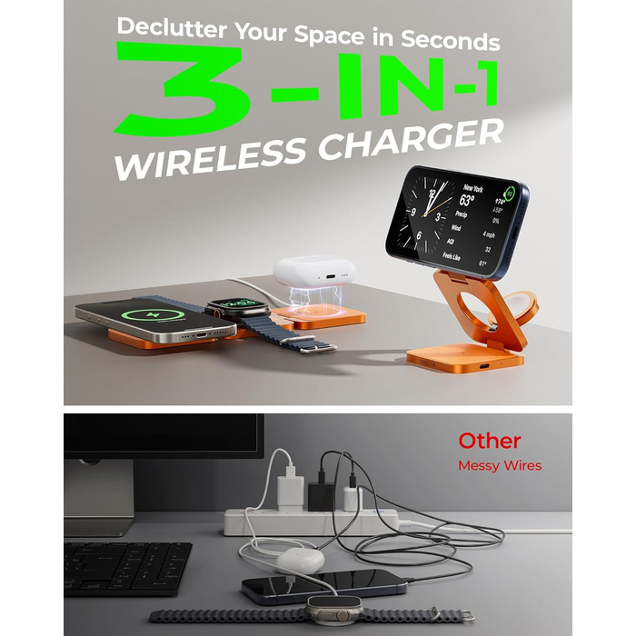 Зарядний пристрій 3-в-1 LULULOOK Ultra Kompakt Qi2.2 25W, MagSafe для iPhone 17/16, Apple Watch, AirPods, GaN 45W, помаранчевий