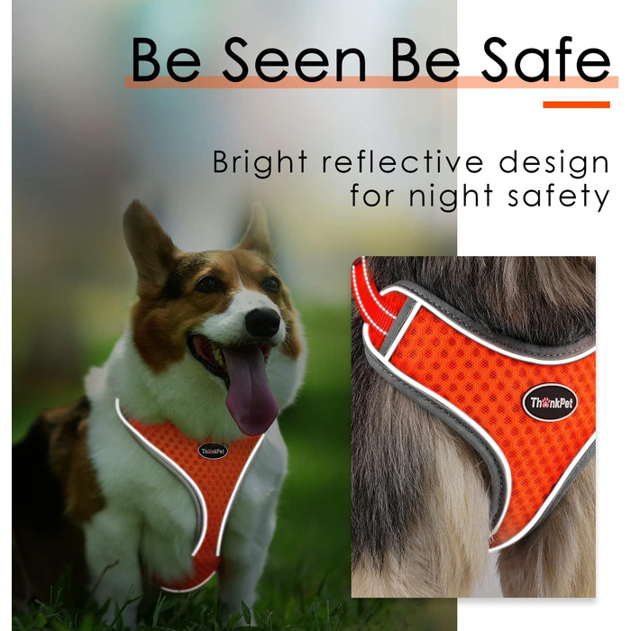 Шлейка для собак ThinkPet No-Pull, дихаюча, для малих, середніх та великих собак, регульована, м'яка, для прогулянок, з контролем, з підкладкою, світловідбиваюча (Помаранчевий, S, 1 шт.)