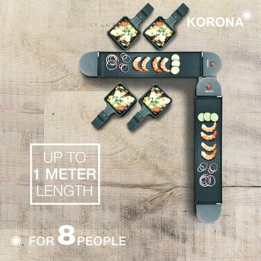Електричний раклета-гриль Korona 45072 для 8 осіб, 2-в-1, 8 сковорідок і лопаток, антипригарні алюмінієві пластини, складаний корпус 90°/180°, довжина кабелю 2 м, чорний