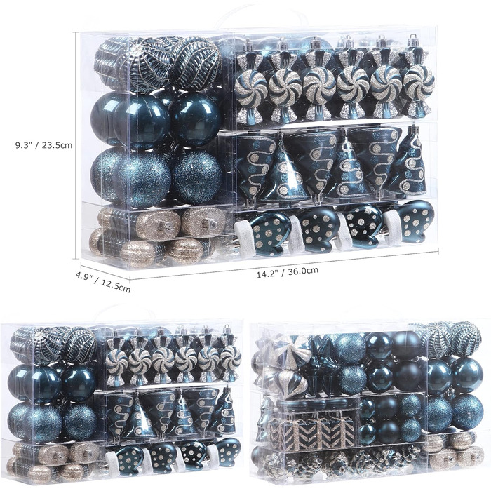 Набір прикрас для ялинки Sea Team 77 шт. – міцні кулі, прикраси, кулі-підвіски, подарункова упаковка (кам'яно-блакитний)